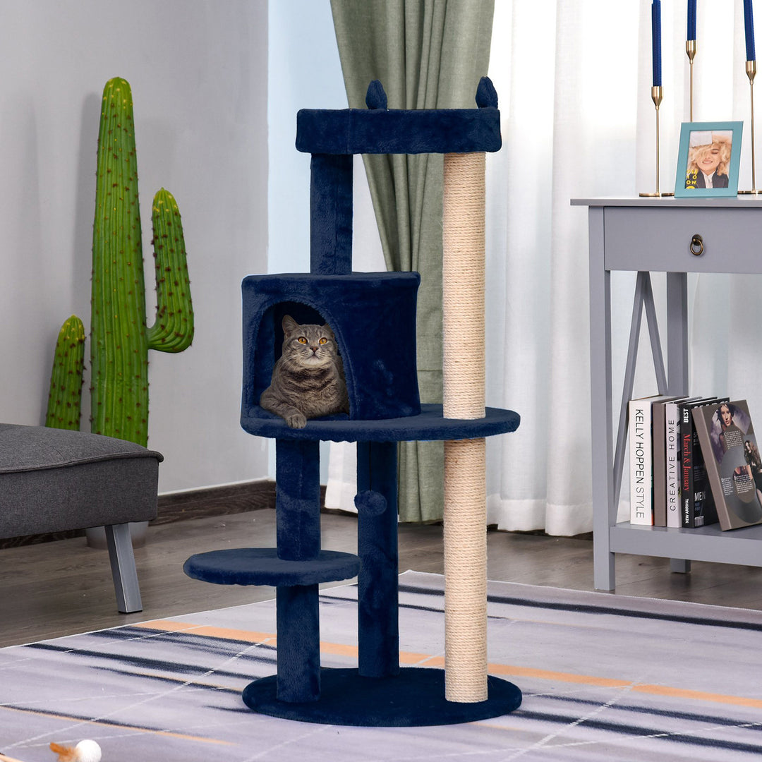 PawHut Feline Playground: 3-Tier Sisal Rope Scratching Post with Dangling Toy, Interactive & Durable, Blue | Aosom UK