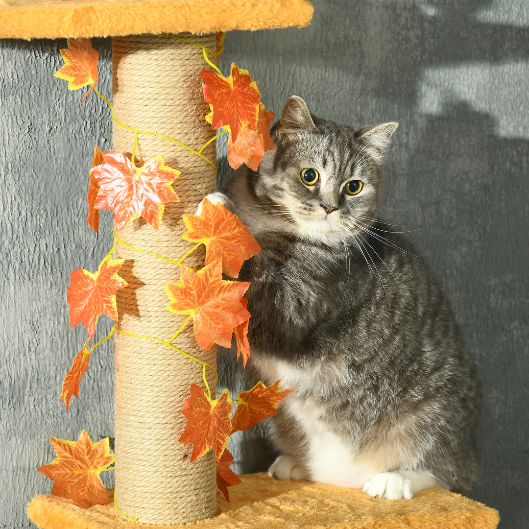 242cm Adjustable Floor-To-Ceiling Cat Tree, with Artificial Decoration, Perches, Anti-Slip Kit - Orange
