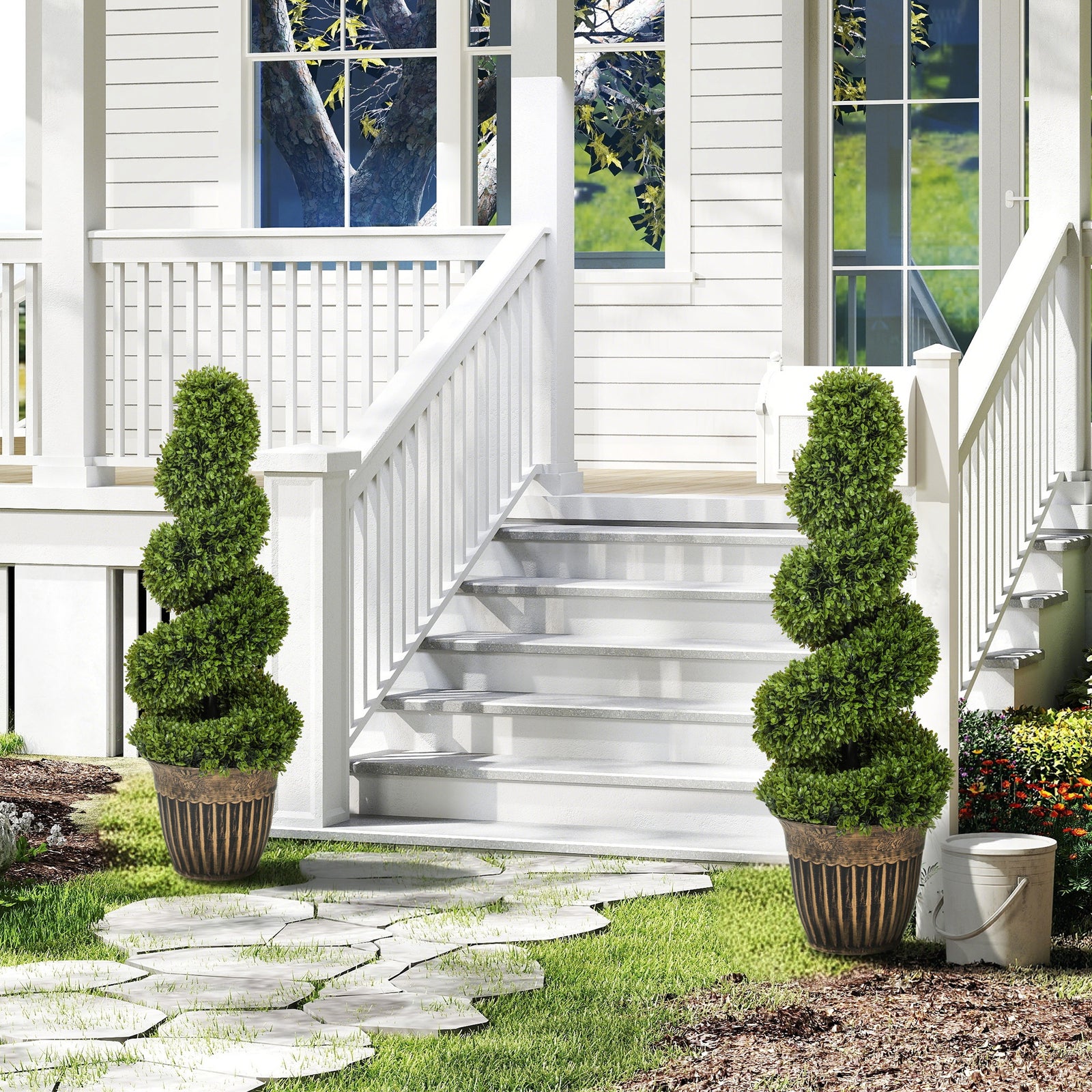 Set of 2 Artificial Plants, Topiary Spiral Boxwood Trees with Pot, for
