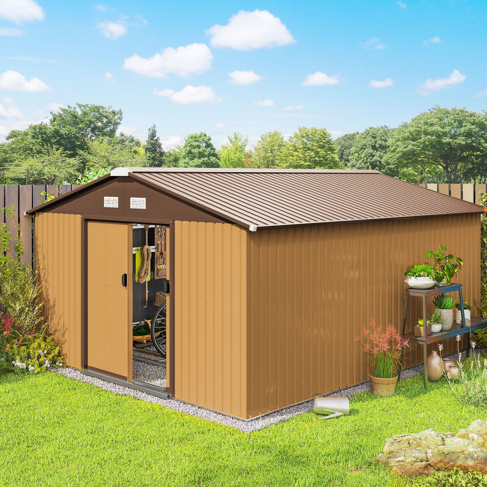 13 x 11ft Metal Garden Shed, Outdoor Storage Tool House with Ventilation Slots, Foundation Kit and Lockable Double Doors, Light Brown