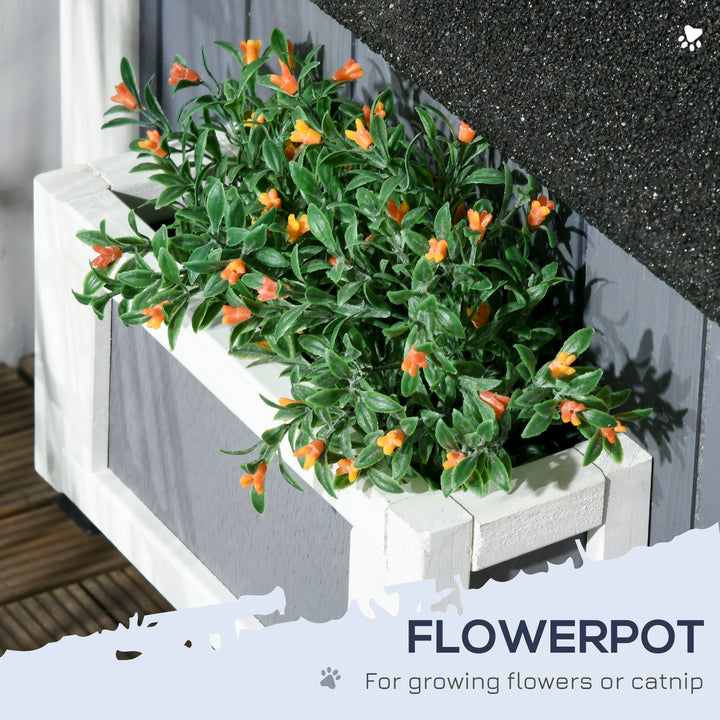 Wooden Cat House with Flower Pot, Windows, Multiple Entrances, Water-Resistant Roof for Outdoor - Grey
