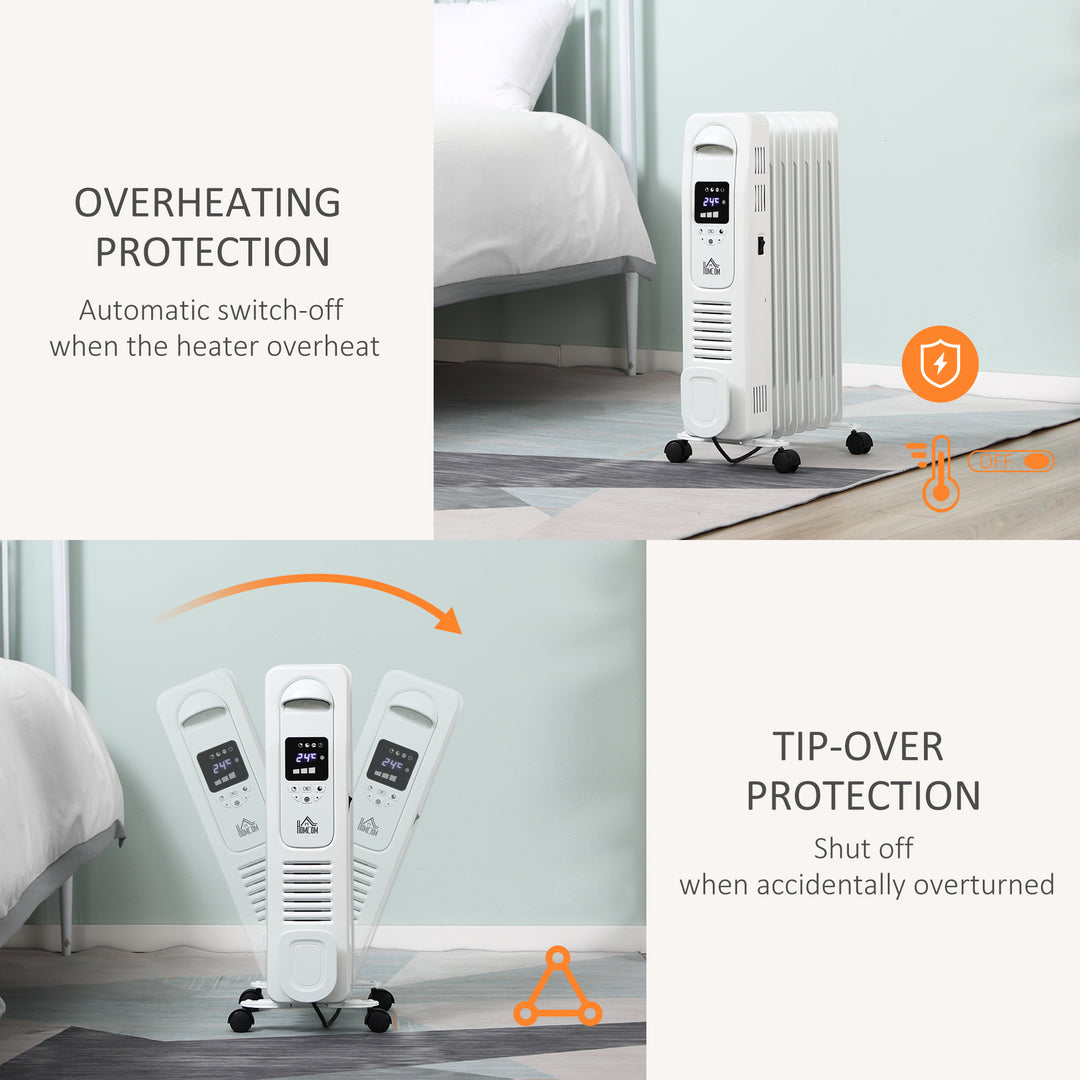 MCL 1500W Digital Oil Filled Radiator, 7 Fin, Portable Electric Heater with LED Display, Built-in Timer, 3 Heat Settings, Safety Cut-Off and Remote Control, White