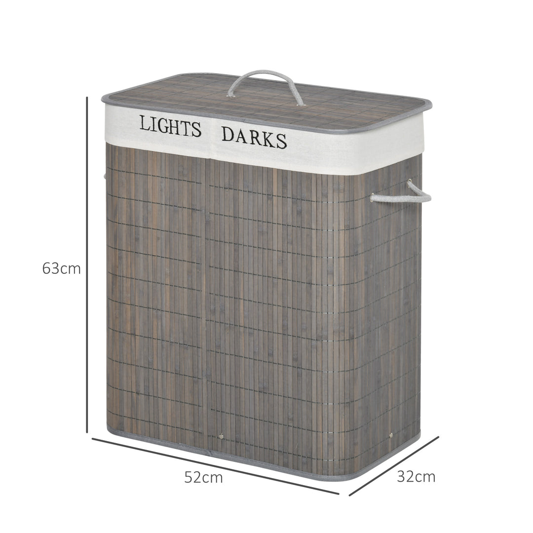 100L Laundry Basket with Lid String Handles, 2 Section Collapsible Hamper Removable Lining Foldable Water-Resistant Dirty Clothes Storage, Grey