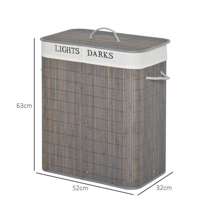100L Laundry Basket with Lid String Handles, 2 Section Collapsible Hamper Removable Lining Foldable Water-Resistant Dirty Clothes Storage, Grey