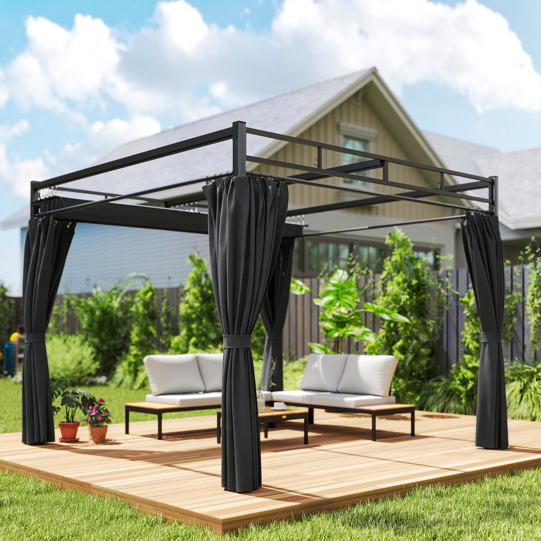 3 x 3 m Pergola with Retractable Roof Canopy and Curtains, UPF30+ Metal Frame Garden Pergola Gazebo Sun Shade