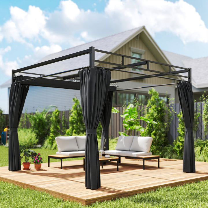 3 x 3 m Pergola with Retractable Roof Canopy and Curtains, UPF30+ Metal Frame Garden Pergola Gazebo Sun Shade