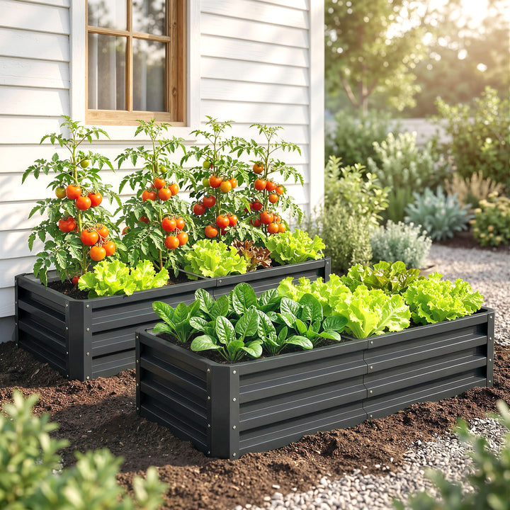 Set of 2 Raised Beds for Garden, Galvanised Outdoor Planters for Herbs