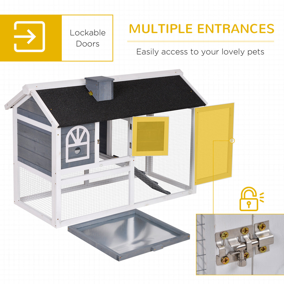 Wooden Rabbit Hutch and Run with Sliding Tray, Ramp, Water-resistant Roof, for 2-4 Rabbits, Grey