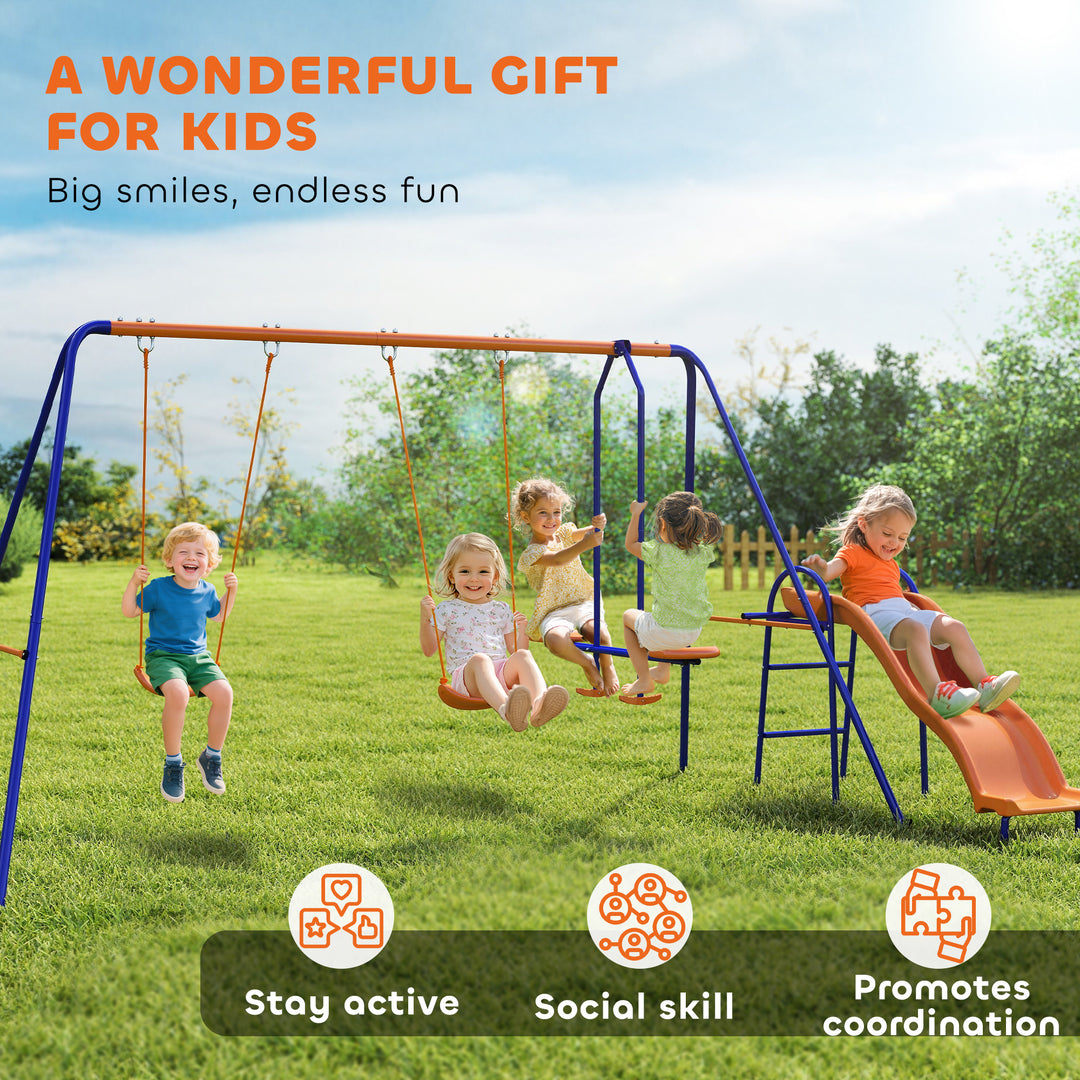 Four-In-One Metal Garden Swing Set, with Double Swings, Glider, Slider, Ladder - Orange and Blue