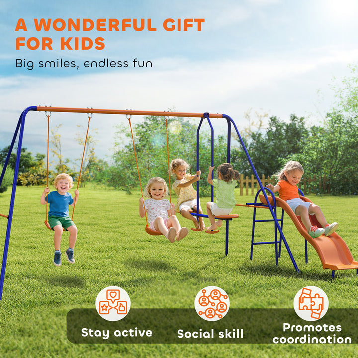 Four-In-One Metal Garden Swing Set, with Double Swings, Glider, Slider, Ladder - Orange and Blue