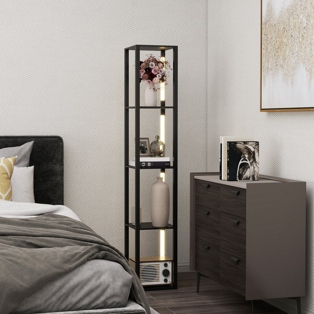 LED Floor Lamp with Shelves, 4 Layers Dimmable Modern Standing Lamp with 3 Brightness Levels and Foot Switch for Living Room, Bedroom, Office, Black