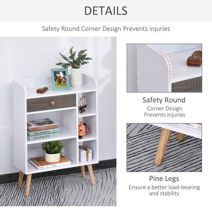 Bookcase, Freestanding Book Shelf with Storage Drawer, 6 Shelves and Wood Legs for Home Office Display, White and Grey, 24D x 60W x 86.8H cm
