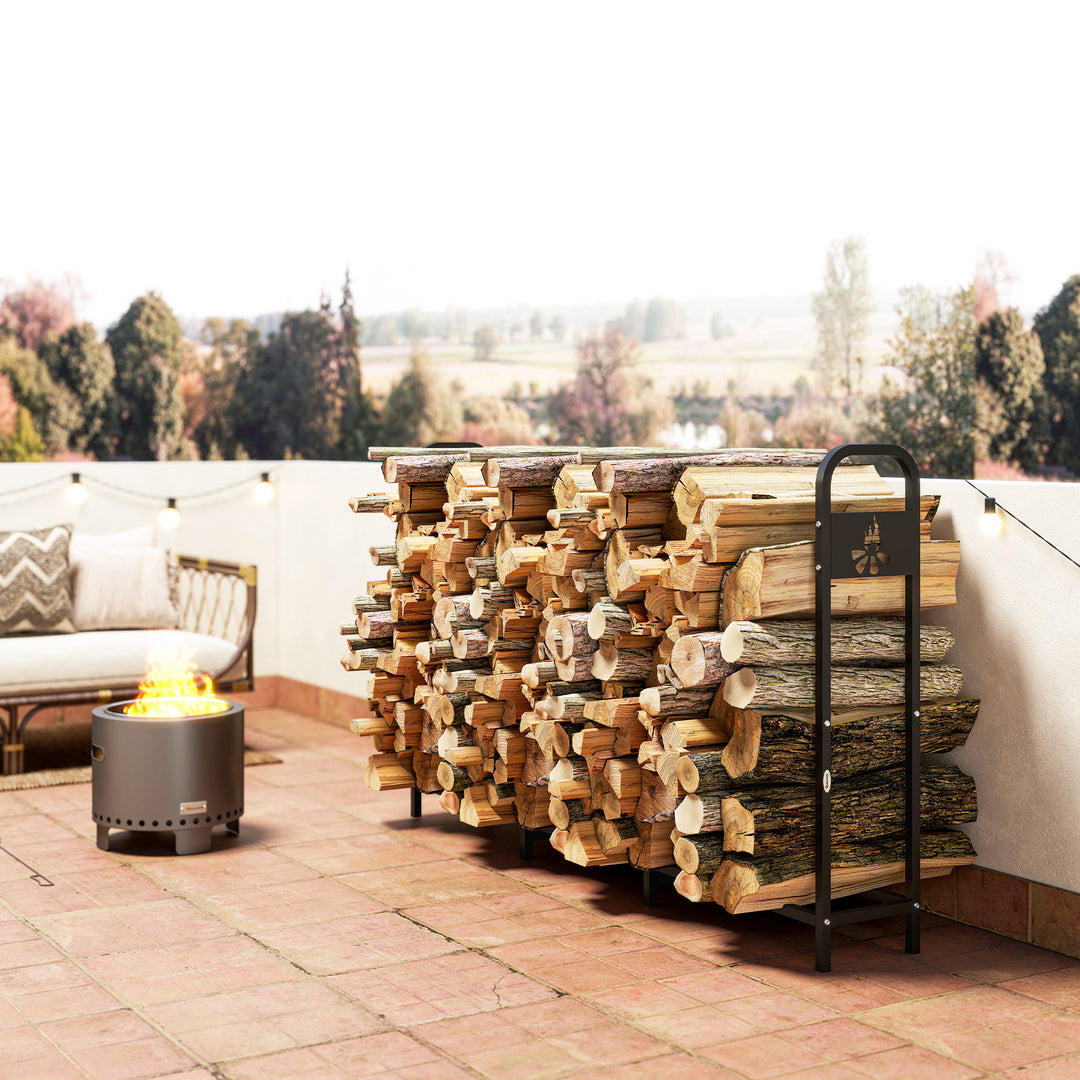 MCL 6.5 FT Steel Firewood Log Rack with 300 kg Capacity, Heavy Duty Indoor Outdoor Fireplace Wood Storage Shelf, Log Holder/Stand with Extra Support Legs, Decorative Bonfire Pattern, Black