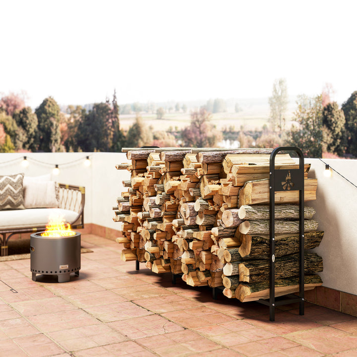 MCL 6.5 FT Steel Firewood Log Rack with 300 kg Capacity, Heavy Duty Indoor Outdoor Fireplace Wood Storage Shelf, Log Holder/Stand with Extra Support Legs, Decorative Bonfire Pattern, Black