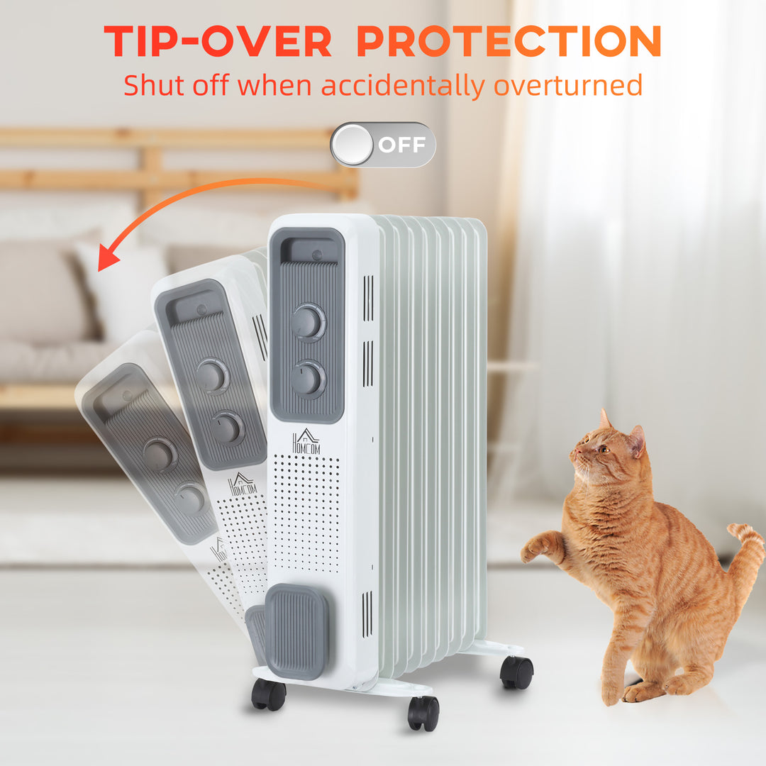 MCL 2000W Oil Filled Radiator, 9 Fin, Portable Electric Heater with 3 Heat Settings, Safety Cut-Off and Wheels, White