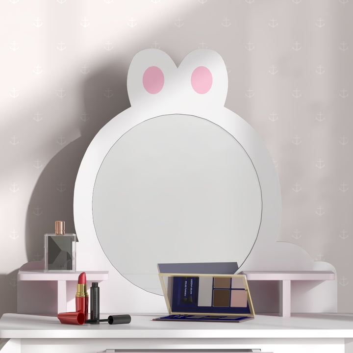 ZONEKIZ Bunny-Design Kids Dressing Table, with Mirror and Stool, Fun and Functional, White and Pink | Aosom UK