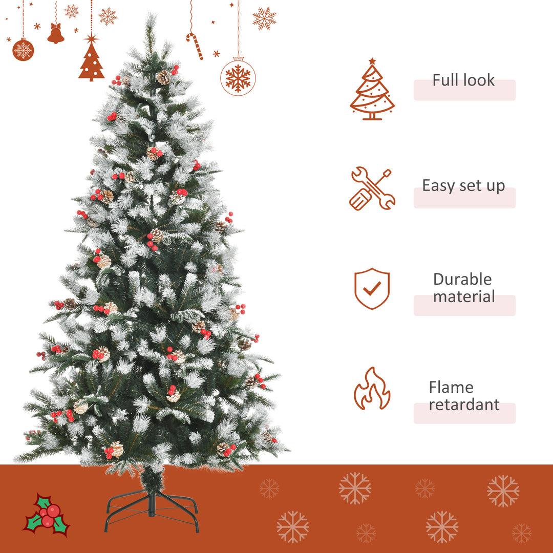 MCL 6FT Artificial Snow Dipped Christmas Tree Xmas Pencil Tree Holiday Home Party Decoration with Foldable Feet Red Berries White Pinecones, Green