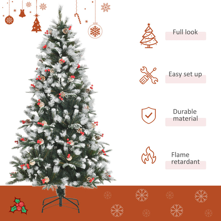 MCL 6FT Artificial Snow Dipped Christmas Tree Xmas Pencil Tree Holiday Home Party Decoration with Foldable Feet Red Berries White Pinecones, Green