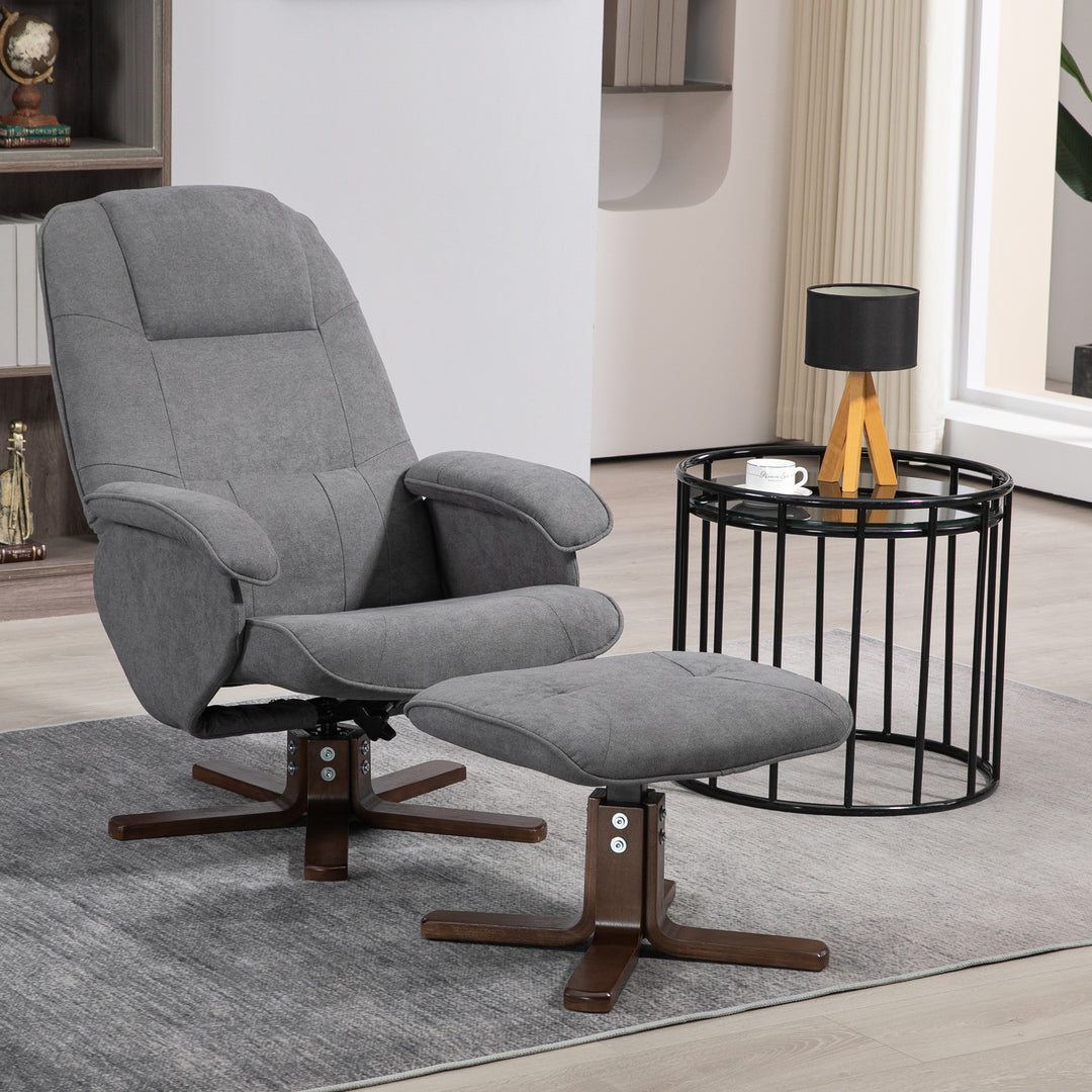 HOMCOM Linen Swivel Recliner Chair with Footstool, Upholstered Reclining Armchair with Wooden Base for Living Room, Grey