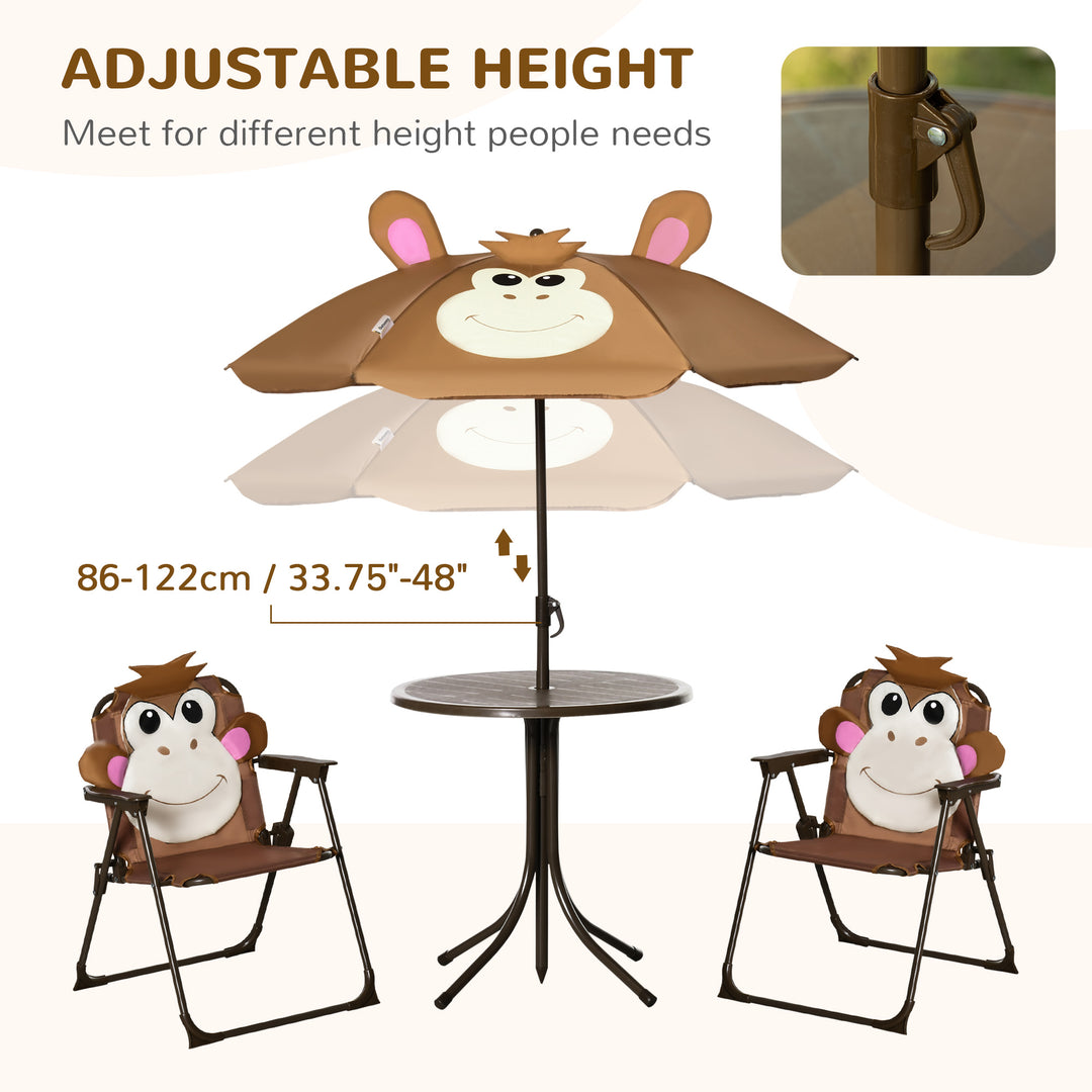 Outsunny Kids Picnic & Table Chair set, Outdoor Folding Garden Furniture w/ Monkey Design, Removable, Adjustable Sun Umbrella, Ages 3