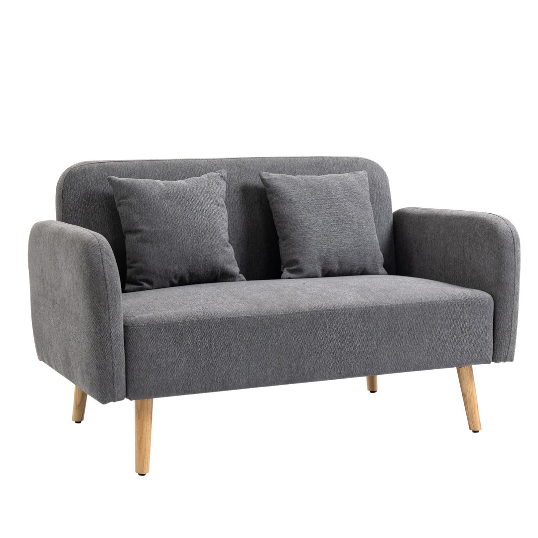 2 Seater Sofa, Modern Fabric Loveseat Sofa, Small Couch with 2 Pillows, Armrest and Wood Legs for Living Room, Bedroom, Home Office, Grey