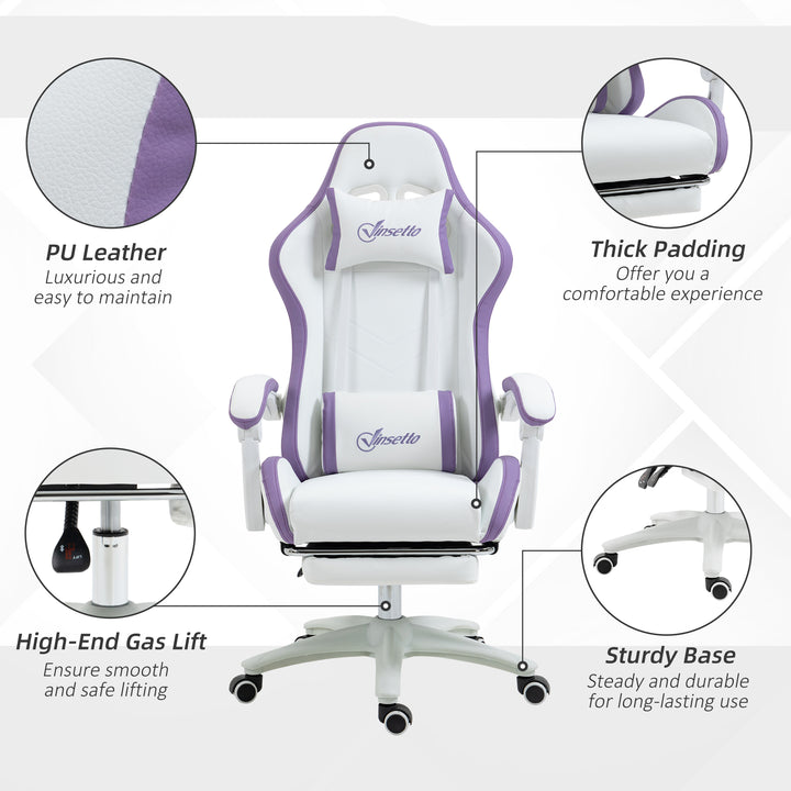 Computer Gaming Chair, PU Leather Office Desk Chair with Footrest, Swivel Wheels, 135° Reclining Back, Lumbar Support, Headrest for Home, White and Purple