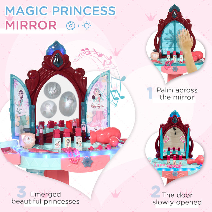 HOMCOM 31 Piece Children's Dressing Table Set with Enchanted Princess Mirror, Musical and Light-Up Beauty Kit, for Ages 3-6, Blue and Pink | Aosom UK