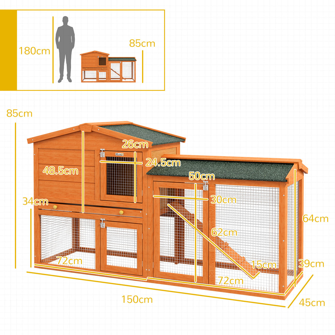 PawHut 2 Tier Rabbit Hutch with Run, Ramp, Slide-out Tray, for Garden, Yard, Orange | Aosom UK