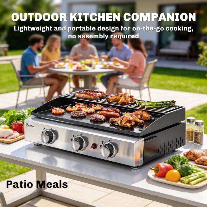 3 Burner Grill Griddle, Portable Gas Plancha with Warming Rack, 7.5 kW