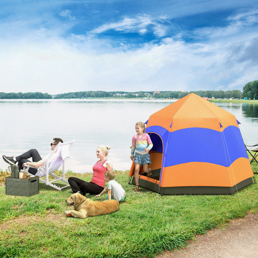 Six Man Hexagon Camping Tent with Hang Hook and Carry Bag - Orange and Blue