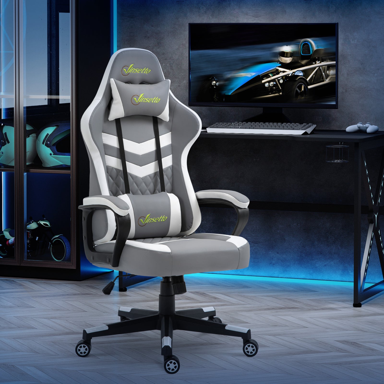 Gaming Chair, Computer Desk Chair with Lumbar Support, Faux Leather Racing Chair with Headrest and Swivel Wheels for Home Office, Grey White