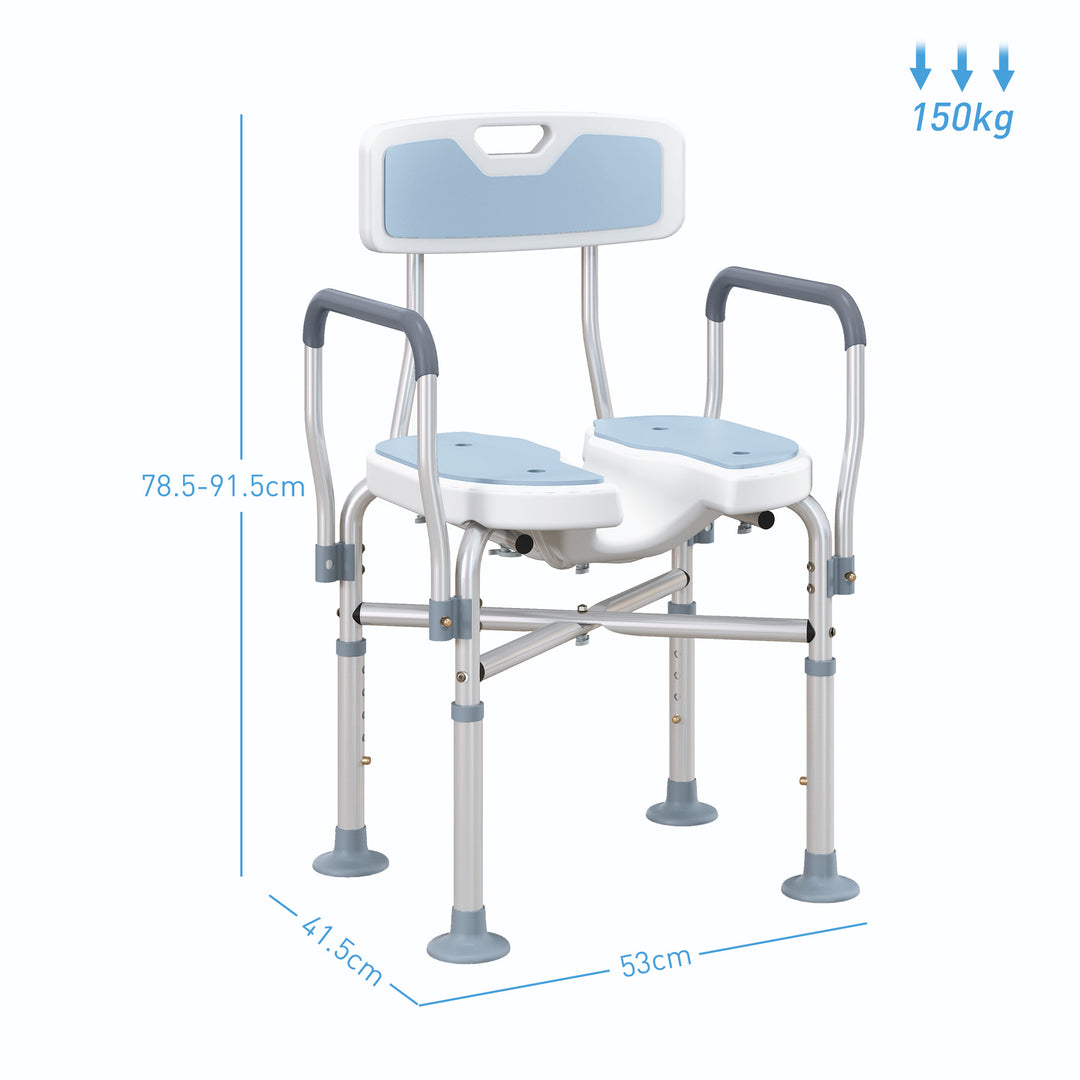 HOMCOM Shower Chair with Upgraded U-shaped Seat and Reinforced Crossbars, Height Adjustable Padded Bath Chair with Non-slip Feet for Elderly Seniors Disabled Handicap, Tool-Free Assembly, Light Blue | Aosom UK