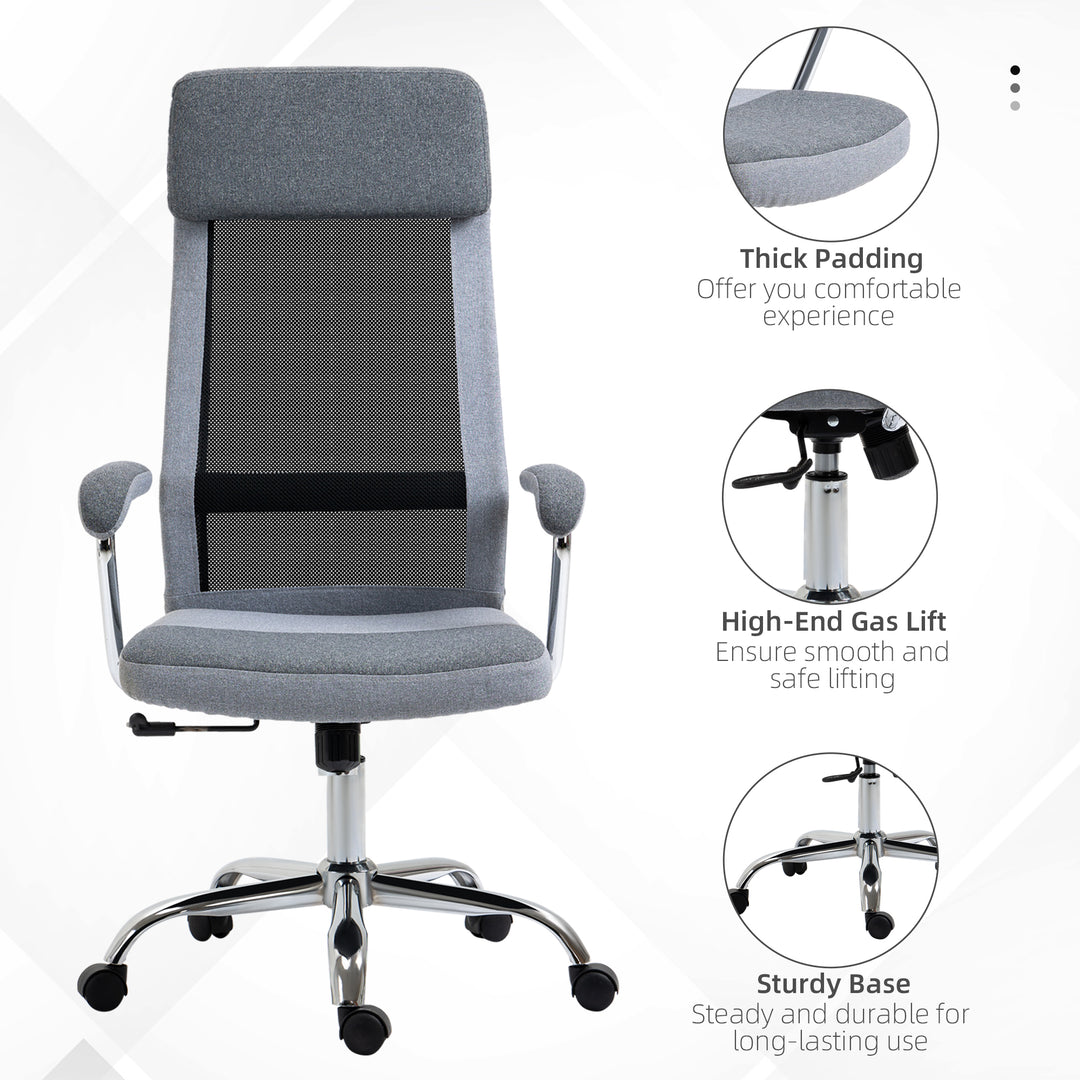 Office Chair, Ergonomic Desk Chair, High Back Computer Chair with Adjustable Height, Swivel Rolling Wheels, Mesh Back and Linen-Feel Fabric Seat for Home and Study, Grey