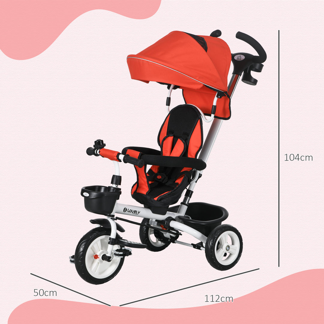 HOMCOM Metal Frame 4 in 1 Baby Push Tricycle with Parent Handle for 1-5 Years Old, Red | Aosom UK