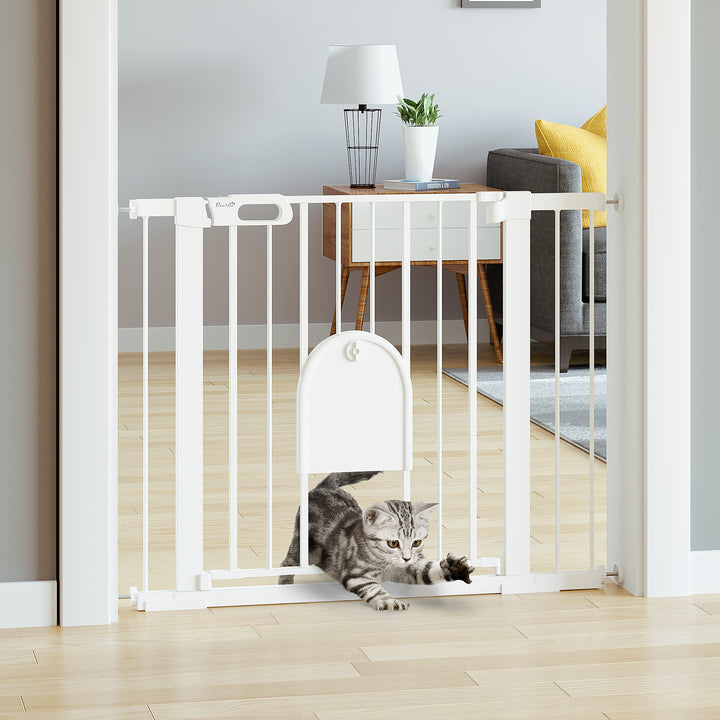 MCL Dog Gate with Cat Flap Pet Safety Gate Barrier, Stair Pressure Fit, Auto Close, Double Locking, for Doorways, Hallways, 75-103 cm White