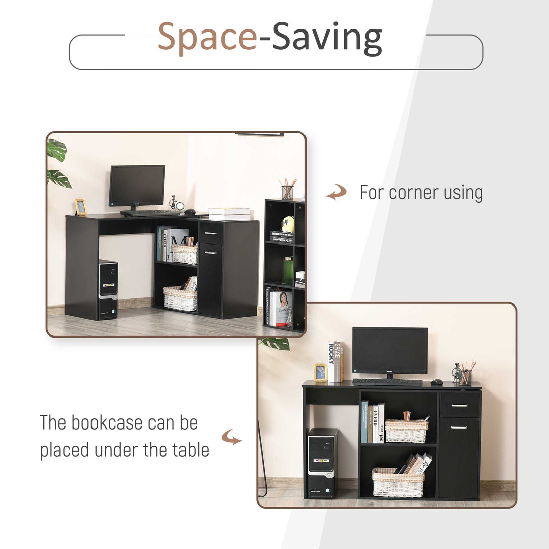 L-Shaped Desk, Corner Computer Desk, Adjustable Study Table with Storage Shelf, Drawer and Cabinet, Workstation for Home Office, Black Wood Grain