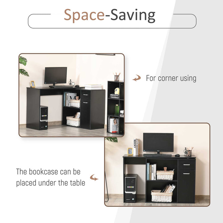 L-Shaped Desk, Corner Computer Desk, Adjustable Study Table with Storage Shelf, Drawer and Cabinet, Workstation for Home Office, Black Wood Grain