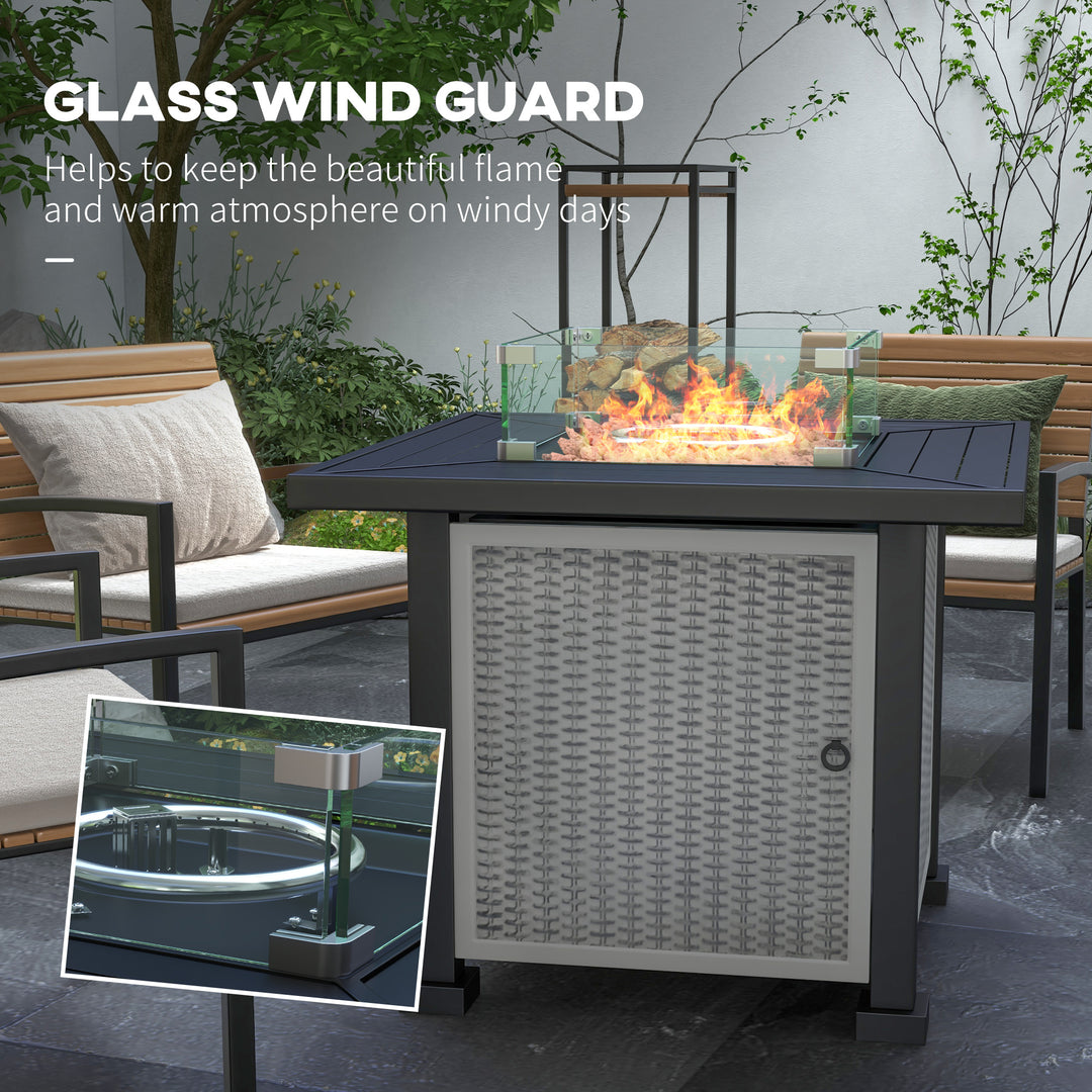 Outsunny Square Gas Fire Pit Table, Rattan Smokeless Fire Pit with Glass Screen and Beads, Lid, 50000 BTU, 81x81x64cm, Grey