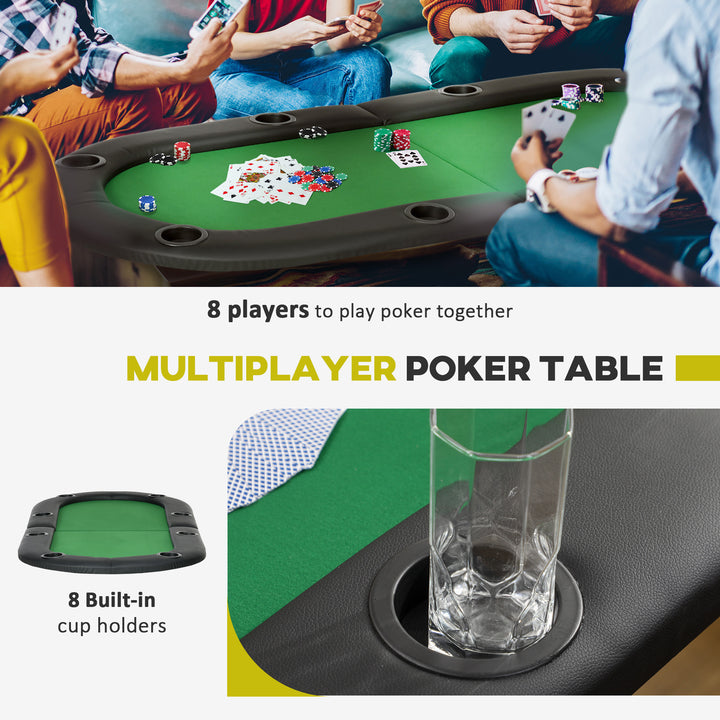 8 Player Folding Poker Table, Oval Portable Blackjack Casino Table with Cup Holder, Felt Top and Metal Base, 183 x 82 x 75cm, Green and Black