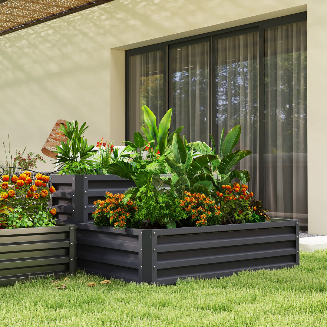 2 Tier Raised Garden Bed, Galvanised Planter Box with Open Bottom for Vegetables Flowers Herbs, 120x101x58cm, Dark Grey