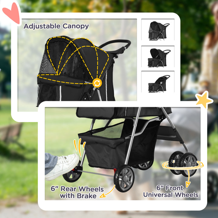 PawHut Dog Pram Cat Stroller Dog Stroller with Cup Holder, Bottom Storage Pocket & Zipper to Keep Your Pet Securely Strapped in, Black | Aosom UK