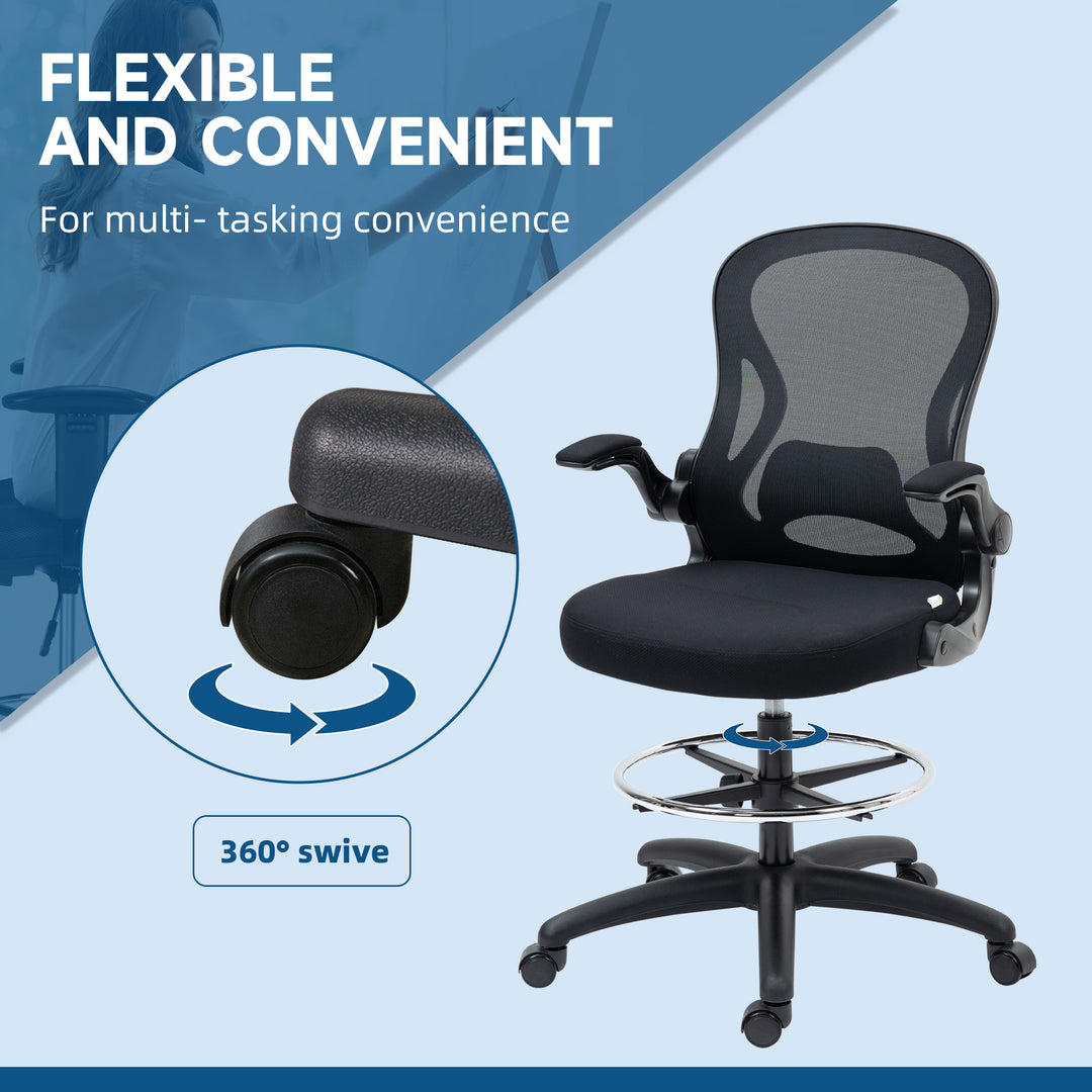 Adjustable Mesh Standing Desk Chair with Flip-up Armrests Lumbar Support Armrests Adjustable Footrest Ring Black