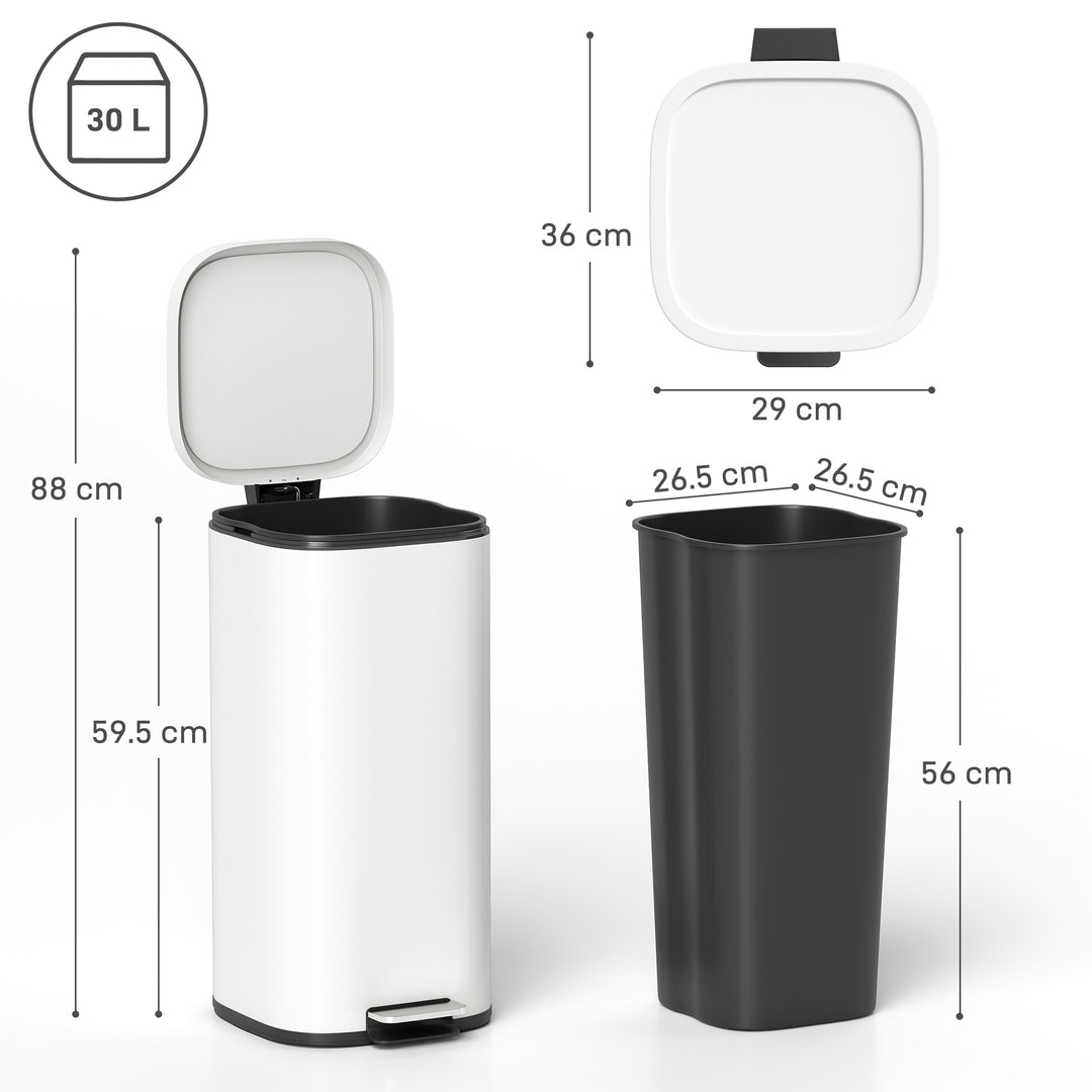 MCL 30L Kitchen Bin, Compact Pedal Bin with Soft-Close and Stay-Open Lid, Removable Bucket for Kitchen, Home, Office, Cream
