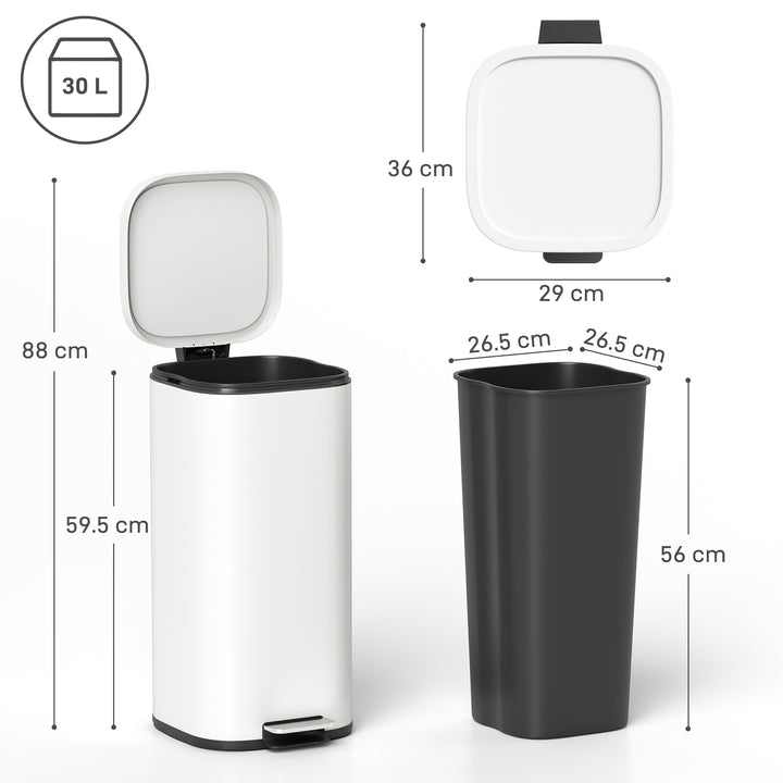 MCL 30L Kitchen Bin, Compact Pedal Bin with Soft-Close and Stay-Open Lid, Removable Bucket for Kitchen, Home, Office, Cream