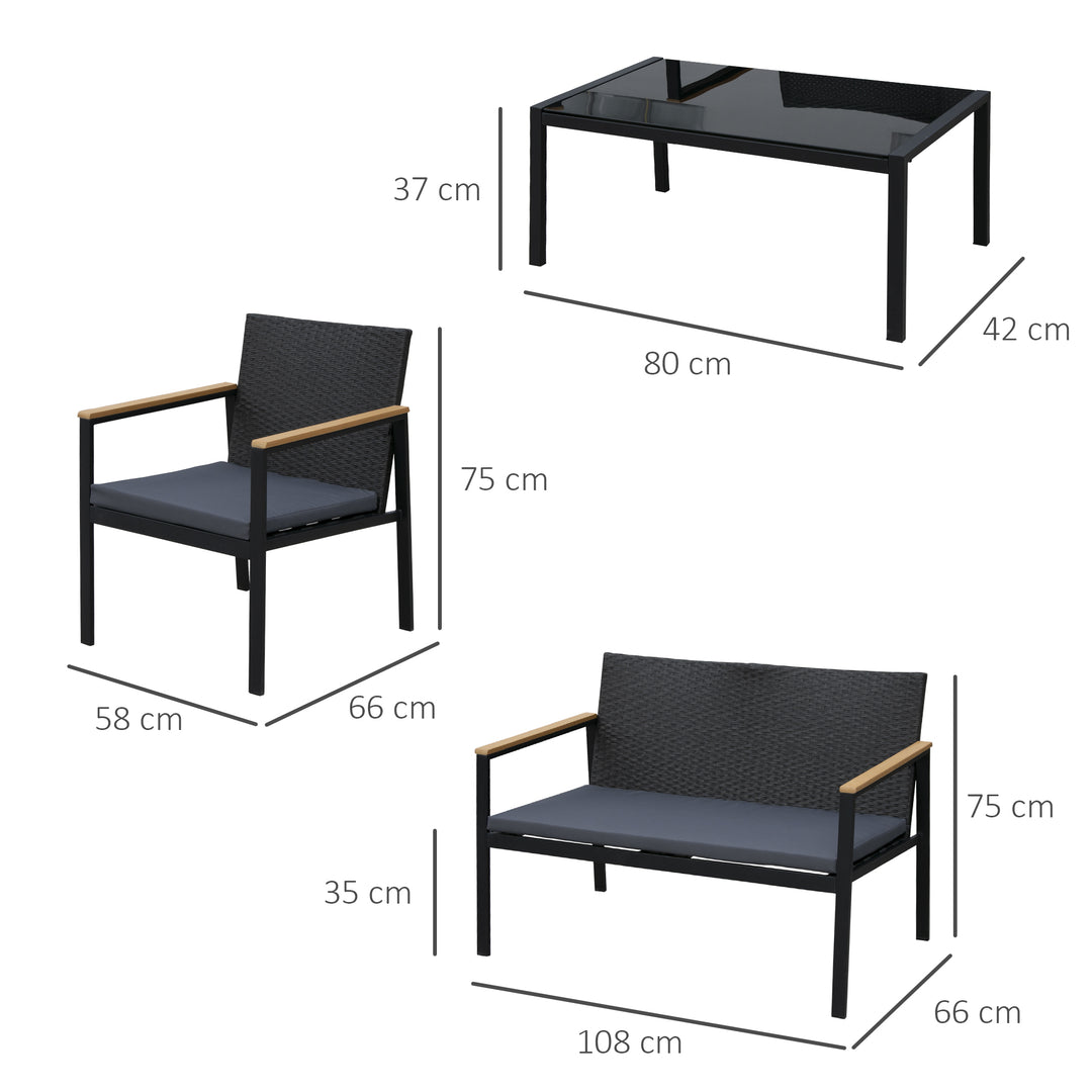 4 Pieces Rattan Garden Furniture Set, 4 Seater Garden Sofa Set with Loveseat, 2 Armchairs and Glass Top Coffee Table, Wicker Outdoor Conservatory Furniture with Cushions for Patio, Black