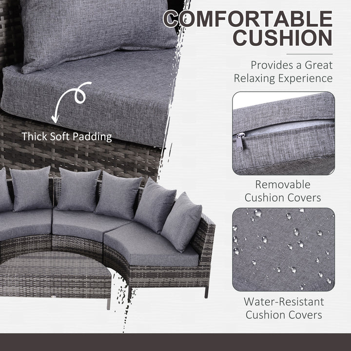 5 Pieces Rattan Garden Furniture Set, 4 Seater Half-Round Garden Sofa Set with Thickened Cushions, Wicker Conservatory Furniture with 4 Chairs, Rattan Coffee Table and Pillows, Grey