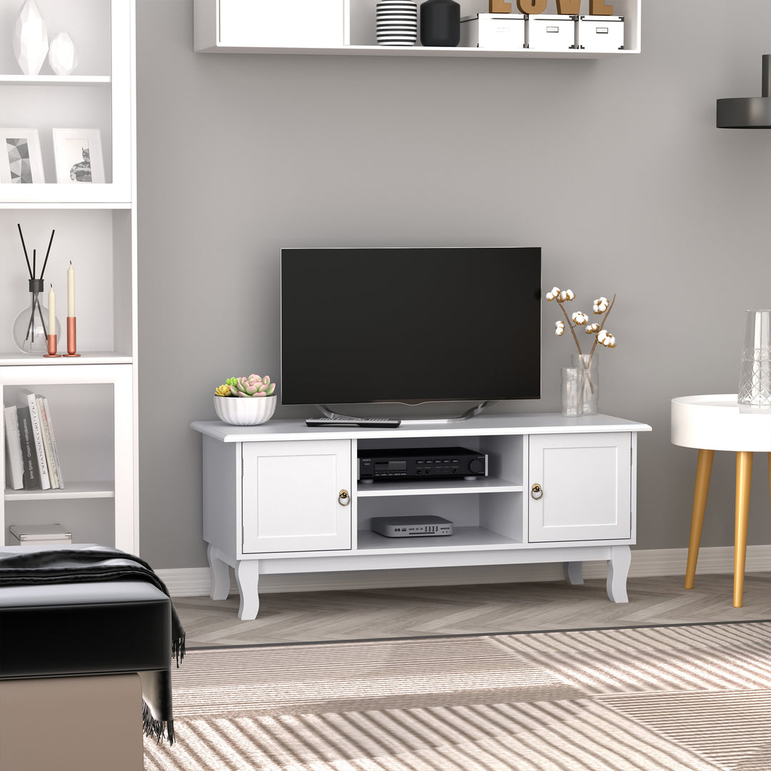 TV Unit up to 55", 2 Doors TV Cabinet with Open Storage Shelves and Cable Management for Living Room, Bedroom, Entertainment Room, 120L x 45W x 50.5H, White