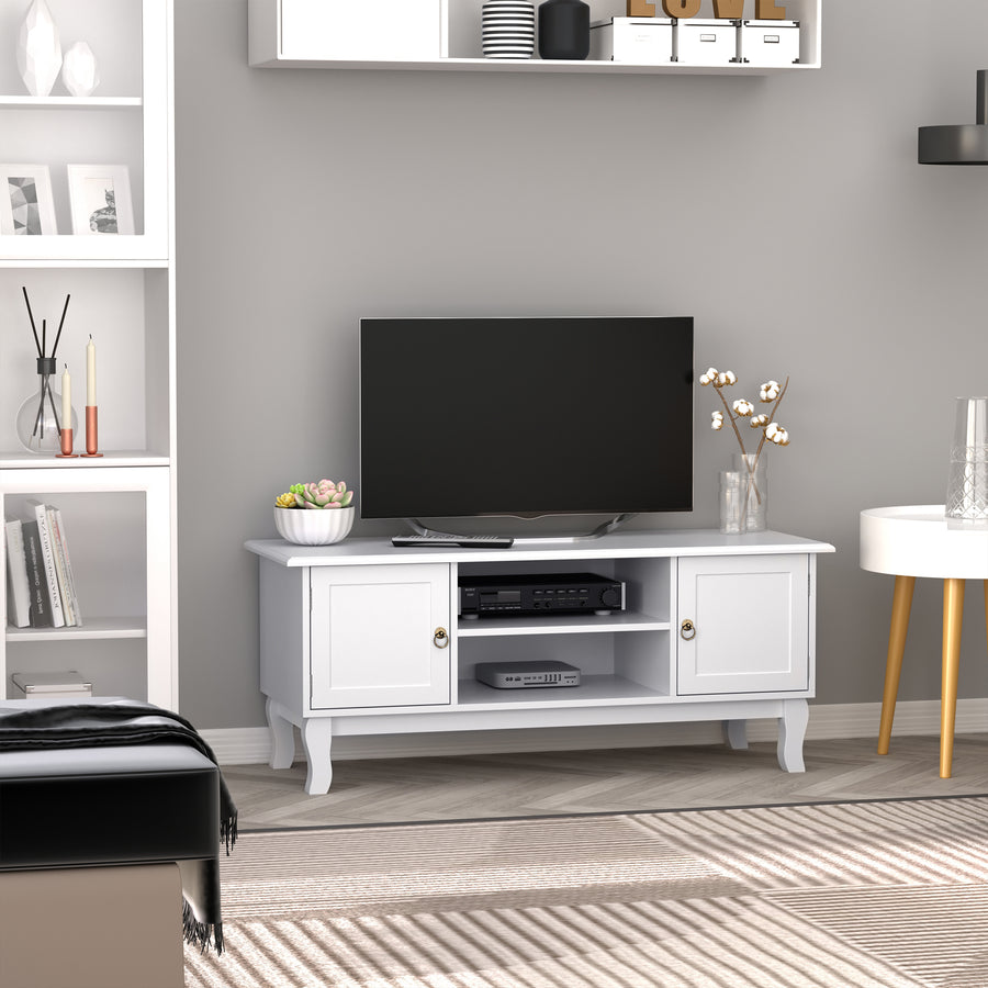 TV Unit up to 55", 2 Doors TV Cabinet with Open Storage Shelves and Cable Management for Living Room, Bedroom, Entertainment Room, 120L x 45W x 50.5H, White