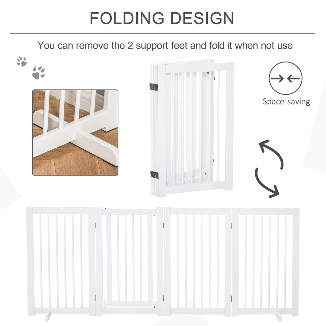 PawHut Wooden Freestanding Pet Gate 4 Panels 91cm Foldable Dog Safety Fence with 2 Support Feet Walk-through Door for Doorway Stairs White | Aosom UK