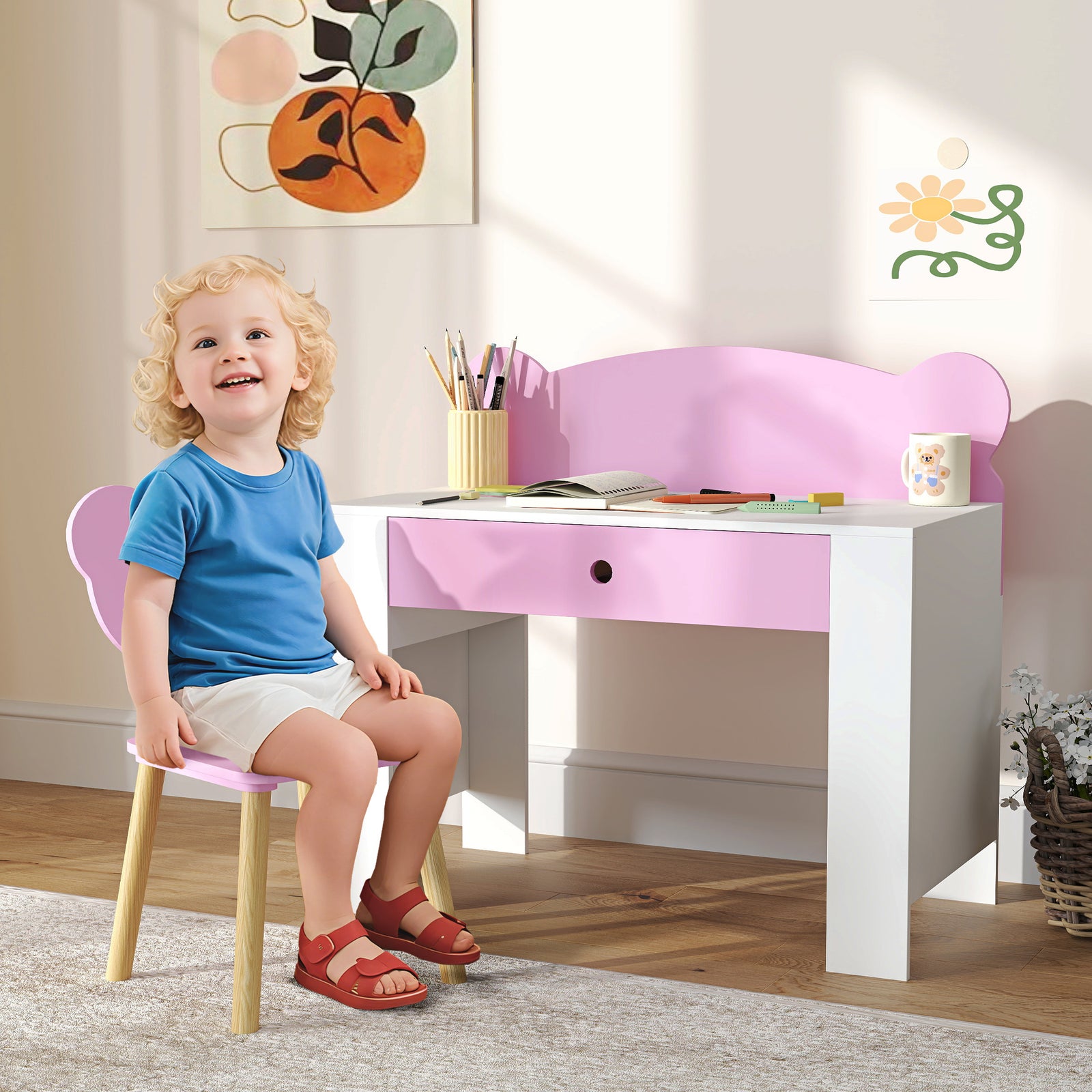Kids Desk and Chair Set with Drawer for Drawing, Reading, Bear Theme C